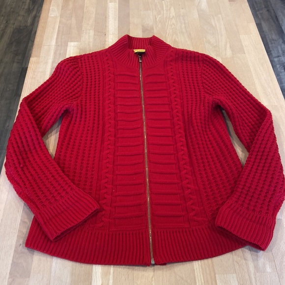 St. John Sweaters - St John 100% wool red knit zip up mock neck cardigan sweater w/ silk trim P (xs)